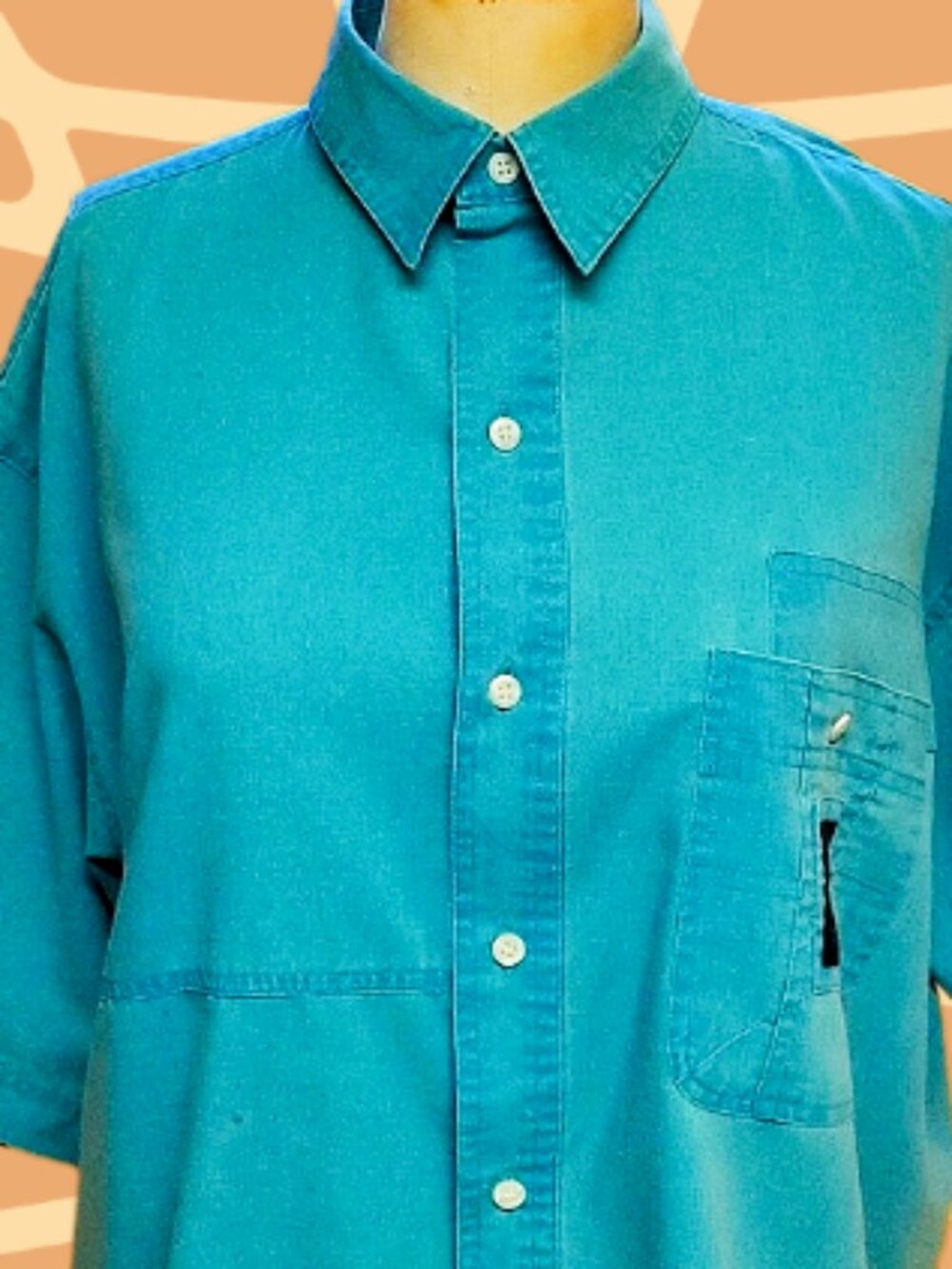 Vintage 90s Aqua short-sleeves| Button down mens Large shirt| By Buggle Boy